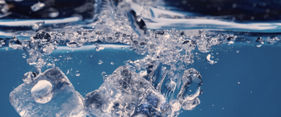 Water splashing and ice cube. Ice splashing into a glass of water. Underwater pouring ice cubes...