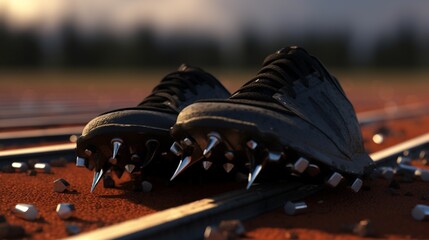 A pair of track and field spikes lying on a rubberized track.