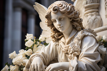 Marble statue of a beautiful angel with wings close up