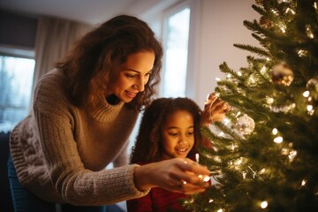 A mother and daughter decorate a Christmas tree. Celebrating Christmas and the New Year