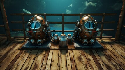 A pair of scuba tanks, mask, and fins on a diving platform.