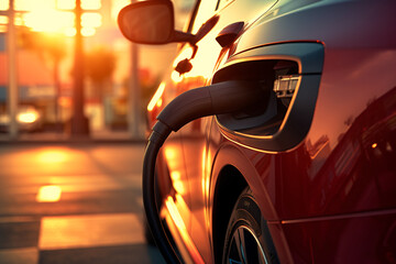 The red electric car battery charger sat quietly by the sleek, environmentally-friendly vehicle,...