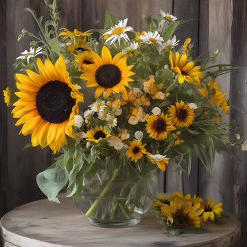 A bouquet of sunflowers, daisies, and black-eyed Susans for a sunny garden feel.
