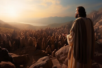 Jesus Christ's Sermon on the Mount. Jesus is on a mountain preaching to a large crowd of people.  AI generation