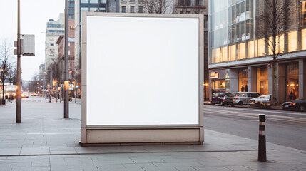The blank, empty digital outdoor signage mockup on a bustling city street set the stage for an editorial photography piece. Against the backdrop of the urban landscape, the void in the signage seemed - obrazy, fototapety, plakaty