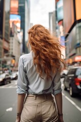 Fototapeta premium Back view of women walking in city street in daytime.