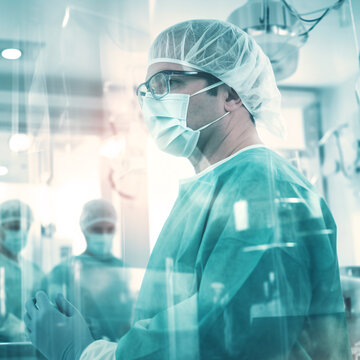 The double exposure photography artfully blended the closeup image of a focused doctor with the hushed tones of a hospital operating room, set against a white background. This composition beautifully