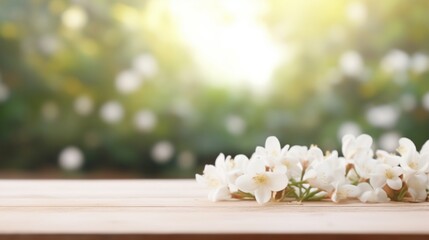 Wood podium tabletop floor outdoor blurred white flowers nature background.Natural beauty cosmetic or spa aromatherapy product.