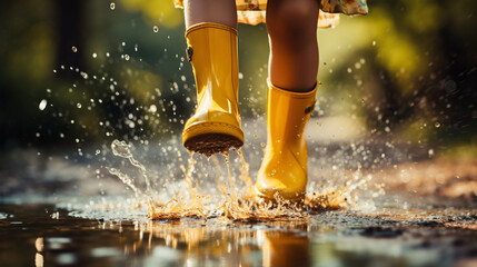 A youthful levitating in lemon-hued wellingtons hopped over a pond of precipitation.