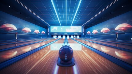 A pristine bowling alley, pins neatly arranged at the end, captured from the bowler's perspective. - obrazy, fototapety, plakaty