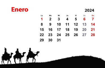 Enero, 2024, Reyes Magos, calendario, mes - obrazy, fototapety, plakaty
