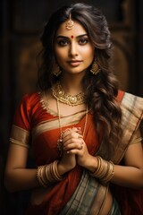 Beautiful Hindu women in traditional clothes with saree and jewelry.