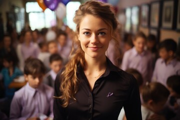 Beautiful women school teacher standing in class room with pupils in the background.