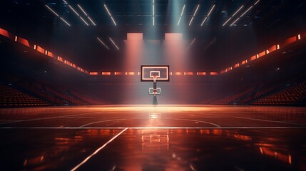 A professional basketball court, bathed in arena lights, awaiting the next thrilling game. - obrazy, fototapety, plakaty