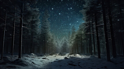 night in the forest in winter