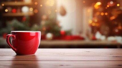 Wooden tabletop with red cup of coffee and blurred Christmas kitchen.