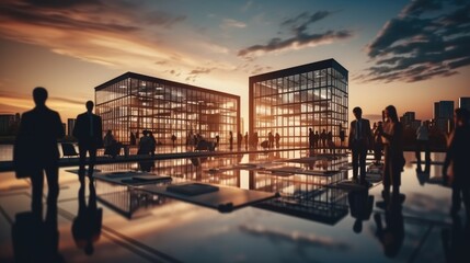 Fototapeta premium Business meetings about building with evening background. Business men and women on the conference room outdoor.