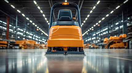 Commercial Floor Cleaner at Warehouse, Intelligent warehouse industrial, Modern high tech innovative warehouse logistics displayed. - obrazy, fototapety, plakaty