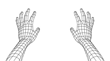 Polygonal Mesh or Wireframe Hands Open and Reaching in Front of Viewer. VR or Virtual Reality Concept With First Person Point of View