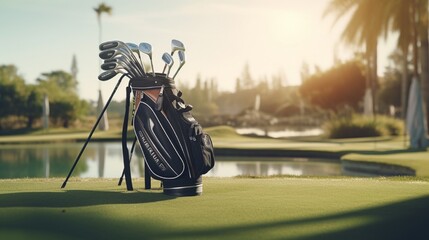 A set of golf clubs in a bag next to a water hazard on a course. - obrazy, fototapety, plakaty