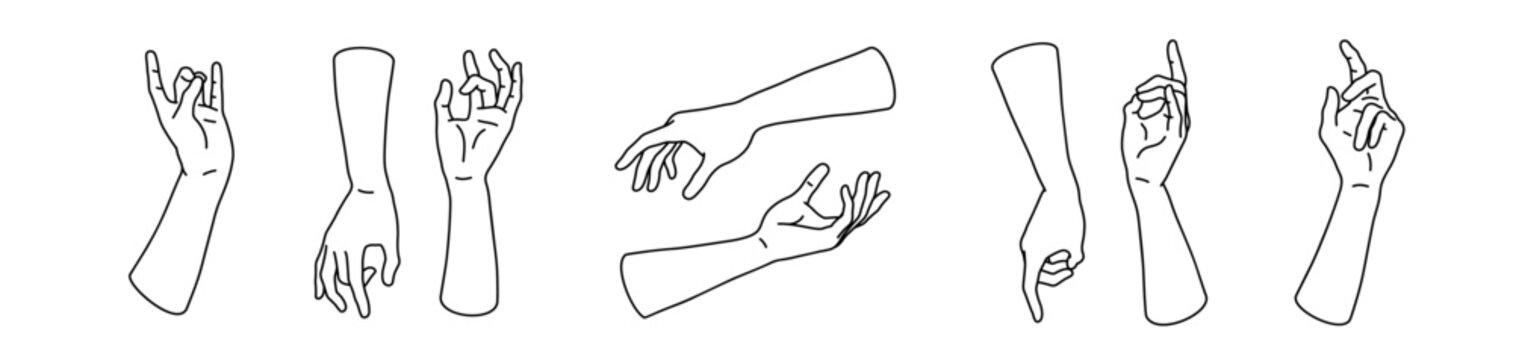 Set of Vector Hands, Mystic or Esoteric Gestures, Thin Line Style