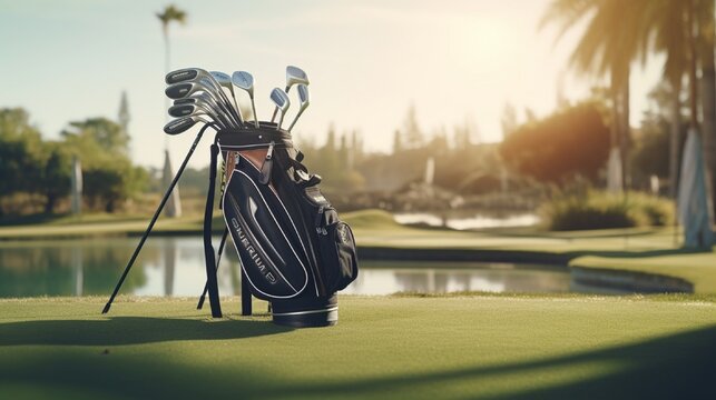 A set of golf clubs in a bag next to a water hazard on a course.