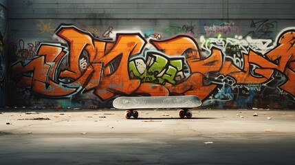 A skateboard propped up against a graffiti-covered concrete wall at a skate park.