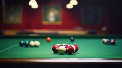 A snooker table set for a decisive shot, balls strategically placed for a masterful break. - obrazy, fototapety, plakaty