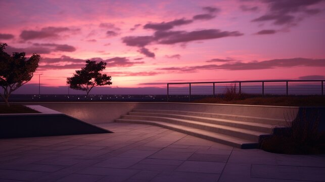 A skateboarding ramp bathed in twilight hues, skateboard nearby.