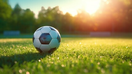 A soccer ball nestled in fresh, green grass with the evening sun casting long shadows.