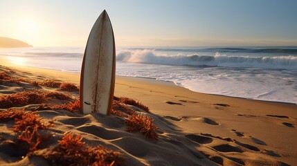A surfboard partially buried in the sand with waves crashing in the distance.