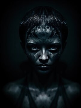  a woman with black paint on her face and body is shown in the dark.  generative ai