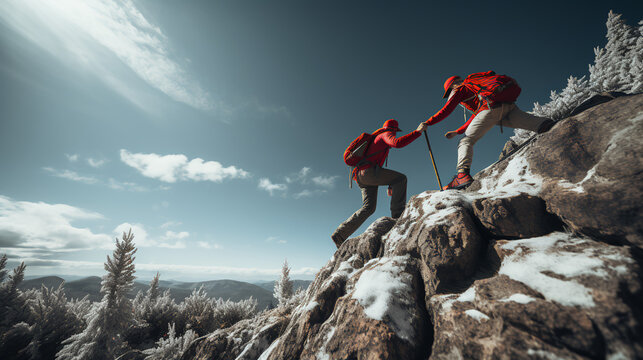 Man helping his friend up a mountain - climbing - hiking - low angle side shot - beautiful skies