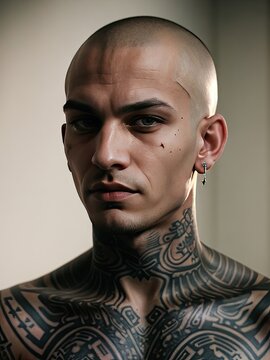  a man with a lot of tattoos on his chest and neck.  generative ai