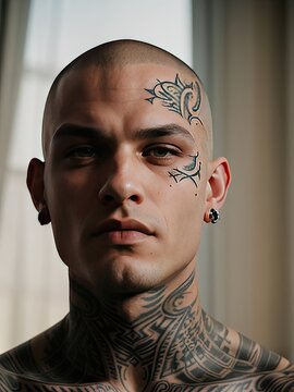 a man with tattoos on his face and neck looking at the camera.  generative ai