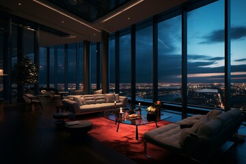 Fototapeta na wymiar Perspective on dimly lit lounge area featuring panoramic windows. Generative AI