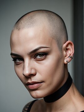  a woman with a shaved head and piercings on her ears.  generative ai