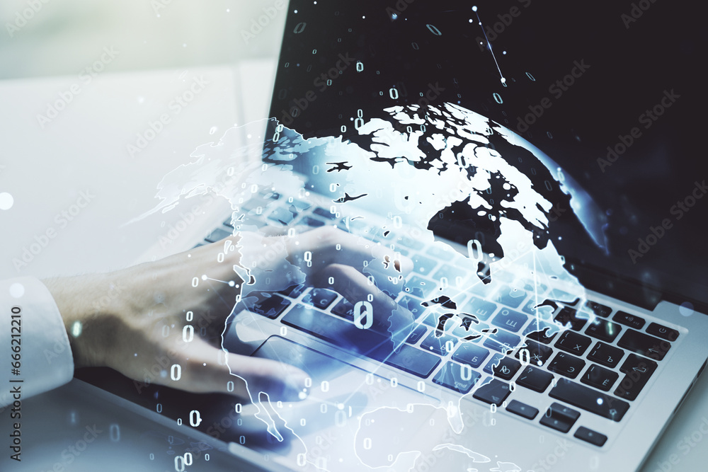 Poster double exposure of abstract creative programming illustration with world map and hand typing on lapt