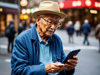 Älterer Mann schaut in der Stadt auf sein Handy . Technik im Alter . KI Generated - obrazy, fototapety, plakaty