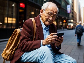 Älterer Mann schaut in der Stadt auf sein Handy . Technik im Alter . KI Generated - obrazy, fototapety, plakaty