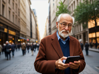 Älterer Mann schaut in der Stadt auf sein Handy . Technik im Alter . KI Generated