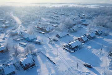 Fototapeta na wymiar a beautiful scenic charming aerial view of a small snowy cold town landscape at winters