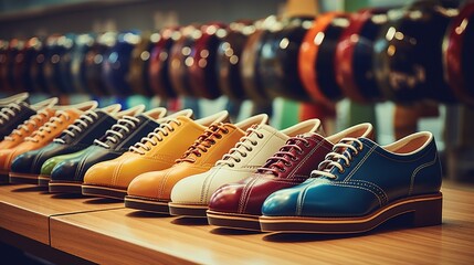 Bowling shoes in different sizes lined up near the lanes. - obrazy, fototapety, plakaty