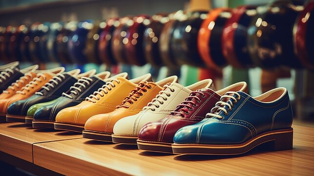 Bowling Shoes In Different Sizes Lined Up Near The Lanes.