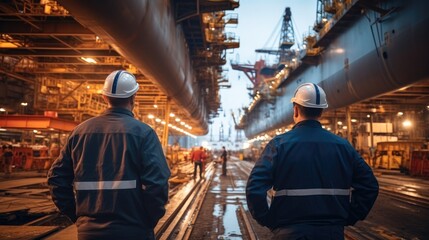 Naklejka premium Engineer working and inspected the structure big ship under construction in shipyard.