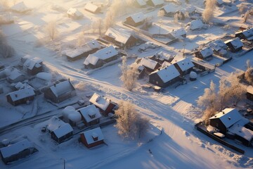 a beautiful scenic charming aerial view of a small snowy cold town landscape at winters