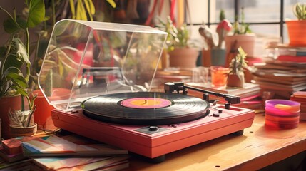 A retro pink vinyl record player stands on the desktop. Nostalgia trend