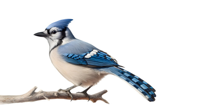 A profile of a bluejay perched on a branch. The bird feathers transition from light to dark blue.  isolated on transparent background. side view. 