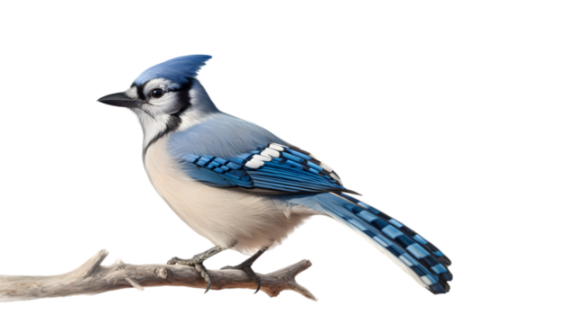 A profile of a bluejay perched on a branch. The bird feathers transition from light to dark blue.  isolated on transparent background. side view. 