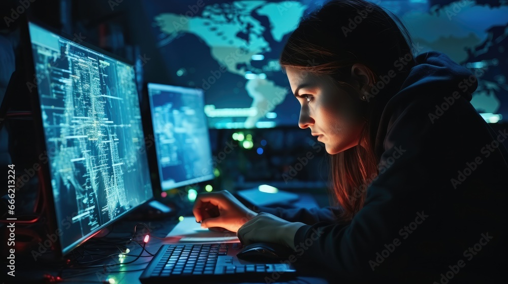 Poster woman and computer in dark room for virtual malware hacking, cybersecurity, attacking the internet w
